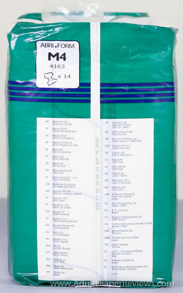 Left side of package of abriform adult diapers